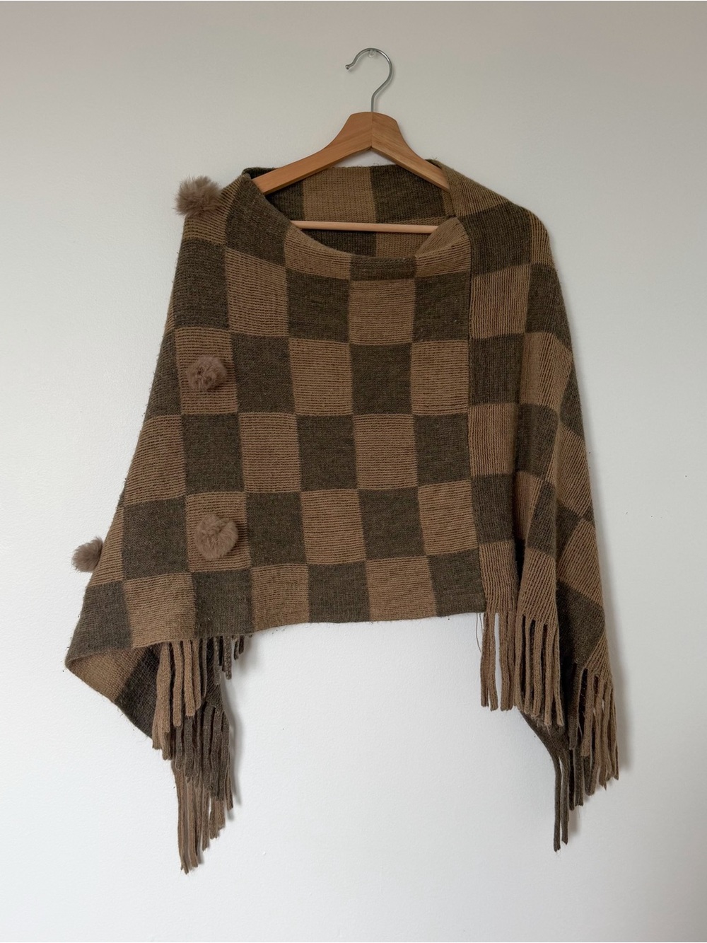Brown & Tan Checkered Fringe Poncho